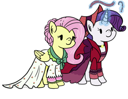 Size: 2000x1553 | Tagged: safe, artist:raptorfarts, fluttershy, rarity, pegasus, pony, unicorn, clothes, dress