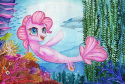 Size: 2195x1480 | Tagged: safe, artist:0okami-0ni, pinkie pie, fish, seapony (g4), my little pony: the movie, coral, looking at you, open mouth, seaponified, seapony pinkie pie, smiling, solo, species swap, swimming, traditional art