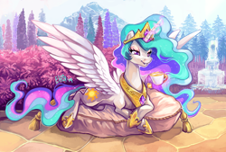 Size: 1100x744 | Tagged: safe, artist:r0b0tassassin, princess celestia, alicorn, pony, cup, cushion, female, food, fountain, glowing horn, horn, jewelry, lidded eyes, magic, mare, mountain, pillow, prone, reclining, regalia, smiling, solo, tea, teacup, telekinesis, tree