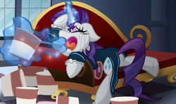 Size: 2200x1300 | Tagged: safe, artist:geraritydevillefort, rarity, pony, unicorn, crying, fainting couch, female, food, ice cream, magic, mare, marshmelodrama, rarifort, rarity being rarity, solo, the count of monte cristo, villefort