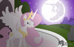 Size: 2000x1282 | Tagged: safe, artist:zombies-pudding, princess celestia, alicorn, pony, balcony, crying, eyes closed, female, jewelry, lullaby for a princess, mare, mare in the moon, moon, night, open mouth, pink-mane celestia, regalia, solo, spread wings, stars, vector, wings, younger