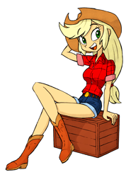 Size: 1070x1500 | Tagged: safe, artist:shinda mane, artist:union of the snake, artist:uotsda, applejack, comic:psychosomatic counterfeit ex: a.j., equestria girls, applejack's hat, boots, clothes, colored, cowboy hat, crate, cute, female, hat, jackabetes, open mouth, simple background, sitting, solo, white background