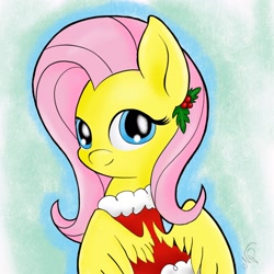 Size: 2048x2048 | Tagged: safe, artist:coloringrainclouds, fluttershy, pegasus, pony, clothes, female, high res, looking at you, looking back, smiling, solo, traditional art