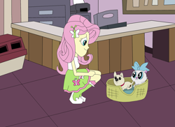 Size: 2337x1700 | Tagged: safe, artist:equestriaguy637, fluttershy, equestria girls, animal rescue center, animal shelter, boots, bow, cat carrier, clothes, desk, hairpin, kitten, kneeling, puppy, shirt, shoes, skirt