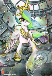 Size: 2257x3309 | Tagged: safe, artist:mashiromiku, princess celestia, alicorn, pony, hoof shoes, patreon, patreon logo, traditional art, watercolor painting