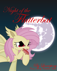 Size: 2260x2830 | Tagged: safe, artist:kaatseye, fluttershy, bat pony, pony, blood, fanfic, fanfic art, fanfic cover, flutterbat, licking, mare in the moon, moon, race swap, raised hoof, tongue out