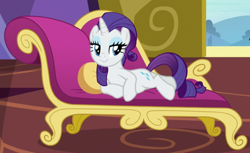 Size: 781x478 | Tagged: safe, screencap, rarity, pony, unicorn, dragon dropped, cropped, fainting couch, solo, twilight's castle