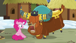 Size: 1280x720 | Tagged: safe, screencap, pinkie pie, prince rutherford, pony, yak, not asking for trouble, cloven hooves, female, male, sitting