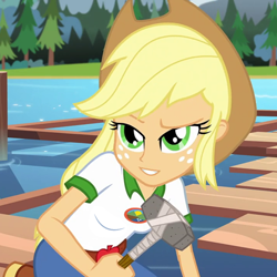 Size: 720x720 | Tagged: safe, edit, edited screencap, screencap, applejack, equestria girls, legend of everfree, breast edit, breasts, cropped, female, hammer, inverted mouth, solo