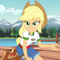 Size: 720x720 | Tagged: safe, edit, edited screencap, screencap, applejack, equestria girls, legend of everfree, breasts, cropped, inverted mouth, solo