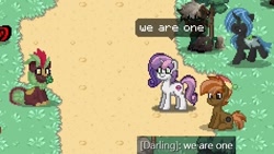 Size: 474x267 | Tagged: safe, button mash, cinder glow, rarity, summer flare, sweetie belle, pony, female, fusion, pony town, siblings, sisters