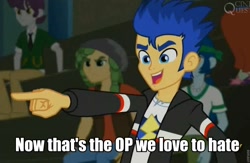 Size: 960x626 | Tagged: safe, screencap, captain planet, flash sentry, indigo wreath, sandalwood, starlight, equestria girls, rainbow rocks, background human, hate, image macro, lowres, meme, op, op is a duck (reaction image), pointing, reaction image