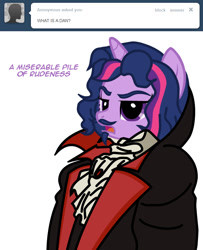 Size: 650x800 | Tagged: safe, artist:mixermike622, derpibooru import, twilight sparkle, vampire, alternate hairstyle, castlevania, castlevania: symphony of the night, dan vs fim, dracula, meme, moustache, parody, symphony of the night, twilight is not amused, what is a man