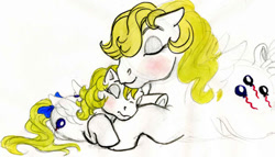 Size: 504x289 | Tagged: safe, artist:foxspotted, baby surprise, surprise, pegasus, g1, blushing, eyes closed, ribbon, self ponidox, simple background, sleeping, traditional art, white background, yellow mane, yellow tail, younger