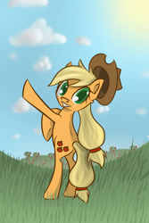 Size: 2000x3000 | Tagged: safe, artist:skune, applejack, earth pony, pony, bipedal, looking back, rearing, solo