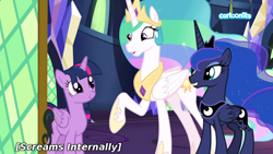 Size: 1280x720 | Tagged: safe, edit, edited screencap, screencap, princess celestia, princess luna, twilight sparkle, twilight sparkle (alicorn), alicorn, pony, between dark and dawn, cartoonito logo, internal screaming, screaming internally, throne room