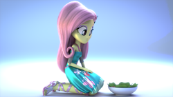 Size: 3840x2160 | Tagged: safe, artist:efk-san, fluttershy, better together, equestria girls, 3d, bowl, clothes, female, food, kneeling, salad, sandals