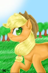 Size: 320x480 | Tagged: safe, artist:crystalcrr, applejack, earth pony, pony, grass, smiling, solo