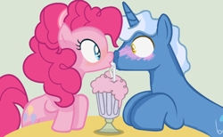 Size: 1024x630 | Tagged: safe, artist:mlplovergal18, pinkie pie, pokey pierce, earth pony, pony, unicorn, base used, boop, eye contact, female, looking at each other, male, mare, milkshake, noseboop, pokeypie, sharing a drink, shipping, stallion, straight