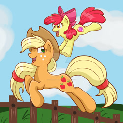 Size: 1024x1024 | Tagged: safe, artist:yoshimarsart, apple bloom, applejack, earth pony, pony, apple bloom's bow, bow, cutie mark, fence, hair bow, jumping, the cmc's cutie marks, watermark