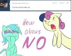 Size: 1280x1016 | Tagged: safe, artist:fantasyglow, bon bon, lyra heartstrings, sweetie drops, anti-shipping, ask, bon bon is not amused, female, headband, lesbian, longbon, lyrabon, shipping, simple background, tumblr, unamused, unnecessary shipping, white background, wizard