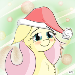 Size: 6000x6000 | Tagged: safe, artist:maneingreen, fluttershy, pegasus, pony, absurd resolution, blushing, cheek fluff, chest fluff, christmas, cute, floppy ears, fluffy, hat, holiday, santa hat, shyabetes, smiley face, smiling