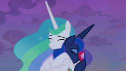 Size: 1920x1080 | Tagged: safe, screencap, princess celestia, princess luna, alicorn, pony, between dark and dawn, barehoof, best sisters, clothes, duo, ethereal mane, eyeliner, eyes closed, female, flowing mane, hawaiian shirt, hug, kiss and make up, makeup, mare, night, royal sisters, shirt, sisterly love, sisters, winghug