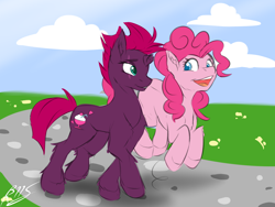 Size: 4000x3000 | Tagged: safe, artist:drizziedoodles, fizzlepop berrytwist, fizzypop, pinkie pie, tempest shadow, earth pony, pony, my little pony: the movie, cloud, cutie mark, female, fluffy, grass, mare, open mouth, sky