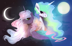 Size: 1024x659 | Tagged: safe, artist:pprinceran, princess celestia, princess luna, alicorn, pony, duo, female, mare, moon, royal sisters, siblings, sisters