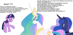 Size: 1500x720 | Tagged: safe, princess celestia, princess luna, twilight sparkle, twilight sparkle (alicorn), alicorn, pony, spoiler:s09, dialogue, engrish, floppy ears, grammar error