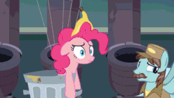 Size: 1920x1080 | Tagged: safe, screencap, pinkie pie, earth pony, pony, secrets and pies, 60s batman, adam west, animated, batman, batman '66, batman 66, food, gif, party cave, pie, reference, transition, trash can