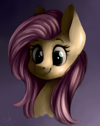 Size: 1104x1387 | Tagged: safe, artist:dusty-onyx, fluttershy, pegasus, pony, bust, female, gradient background, looking at you, mare, portrait, smiling, solo