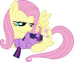 Size: 1024x858 | Tagged: safe, artist:rockint765, derpibooru import, fluttershy, twilight sparkle, pegasus, pony, age regression, baby, baby pony, babylight sparkle, cute, eyes closed, fanfic, fanfic art, female, filly, filly twilight sparkle, fluttermom, fluttershy's foal, foal, mama fluttershy, on back, prone, shyabetes, sleeping, smiling, twiabetes, younger