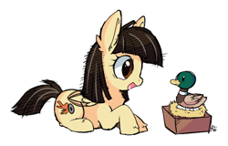 Size: 600x385 | Tagged: safe, artist:pekou, wild fire, duck, mallard, pegasus, pony, cute, egg, female, filly, male, mare, nest, open mouth, ponysona, prone, sibsy, simple background, smiling, solo, that pony sure does love ducks, white background