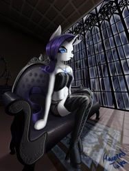 Size: 1536x2048 | Tagged: safe, artist:psaxophone, rarity, anthro, boots, clothes, corset, gothic, perspective, rug, shoes, shorts, sofa, solo, window