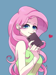 Size: 1200x1600 | Tagged: safe, artist:kkmrarar, fluttershy, human, blue background, blushing, bracelet, camera, cellphone, colored pupils, ear piercing, earring, female, heart, humanized, jewelry, lidded eyes, looking at you, phone, piercing, ring, selfie, simple background, smartphone, smiling