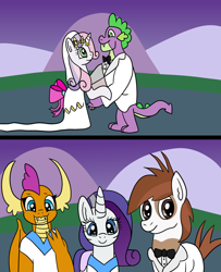 Size: 1024x1260 | Tagged: safe, artist:platinumdrop, pipsqueak, rarity, smolder, spike, sweetie belle, dragon, pony, unicorn, comic, dancing, female, future, gigachad spike, male, marriage, older, older spike, request, shipping, spikebelle, straight, wedding