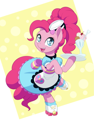 Size: 761x1000 | Tagged: safe, artist:dstears, pinkie pie, earth pony, pony, coinky-dink world, eqg summertime shorts, bow, clothes, cute, diapinkes, dress, equestria girls ponified, female, food, hair bow, hat, ice cream, looking at you, mare, pinkie pie day, ponified, roller skates, server pinkie pie, skates, skating, smiling, solo, waitress