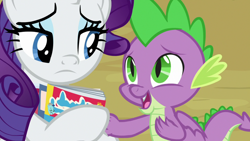 Size: 1920x1080 | Tagged: safe, screencap, rarity, spike, dragon, pony, unicorn, dragon dropped, comic book, redemption, winged spike