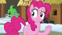 Size: 1280x720 | Tagged: safe, screencap, gummy, pinkie pie, pony, not asking for trouble, biting, tail bite