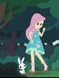 Size: 1536x2048 | Tagged: safe, screencap, angel bunny, fluttershy, butterfly, rabbit, better together, equestria girls, stressed in show, stressed in show: fluttershy, boots, clothes, cute, dirty, dress, forest, frown, looking down, mud, muddy, raised leg, sad, shoes, smiling