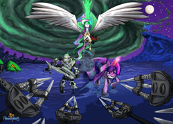 Size: 1600x1143 | Tagged: safe, artist:filmmakerj, princess celestia, twilight sparkle, oc, oc:saibarru, alicorn, pony, unicorn, bionicle, commission, crossover, deviantart watermark, lego, lerahk, non-mlp oc, obtrusive watermark, rahkshi, watermark