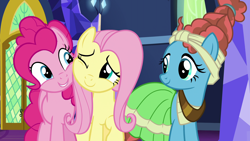 Size: 1920x1080 | Tagged: safe, screencap, fluttershy, meadowbrook, pinkie pie, earth pony, pegasus, pony, shadow play, being affectionate, cute, diapinkes, female, looking at each other, mare, one eye closed, shyabetes, smiling