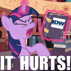 Size: 640x640 | Tagged: safe, derpibooru import, idw, twilight sparkle, twilight sparkle (alicorn), alicorn, pony, drama bait, image macro, meme, op is a cuck, op is trying to start shit, solo