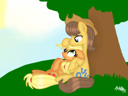 Size: 2400x1800 | Tagged: safe, artist:kikirdcz, applejack, caramel, earth pony, pony, applejack's hat, carajack, cowboy hat, hat, male, one eye closed, shipping, sitting, straight