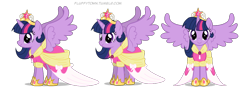 Size: 1100x400 | Tagged: safe, artist:mixermike622, derpibooru import, twilight sparkle, twilight sparkle (alicorn), alicorn, pony, clothes, coronation dress, cute, dress, element of magic, female, front, mare, on side, profile, reference sheet, shoes, skirt, smiling, spread wings