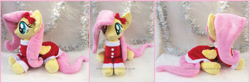 Size: 2226x742 | Tagged: safe, artist:lilmoon, fluttershy, pony, christmas, clothes, costume, holiday, irl, photo, plushie, prone, santa costume, solo