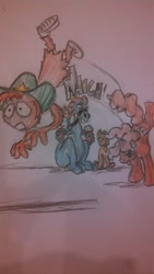 Size: 405x720 | Tagged: safe, artist:brongaar, applejack, pinkie pie, earth pony, pony, crossover, fun, rodeo, sylvia, traditional art, wander (wander over yonder), wander over yonder