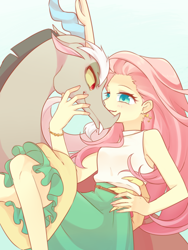 Size: 1200x1600 | Tagged: safe, artist:kkmrarar, discord, fluttershy, draconequus, human, equestria girls, carrying, discoshy, female, looking at each other, male, shipping, straight
