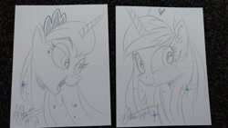 Size: 2048x1152 | Tagged: safe, artist:andypriceart, princess celestia, princess luna, alicorn, pony, crown, female, jewelry, mare, monochrome, regalia, traditional art